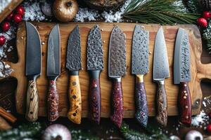 AI generated Top view of Damascus steel kitchen Knives on a wooden board photo