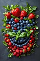AI generated Vegetables and fruits are laid out on a black background photo