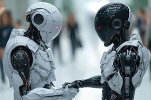 AI generated Two cyborgs shake hands, human interaction with AI photo