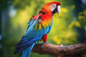 ai generado un escarlata guacamayo sentado en un rama. un representante de un grande grupo de neotropical loros llamado guacamayos foto