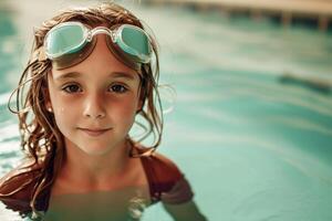 ai generado un bonito pequeño niña con lentes es nadando en el piscina foto