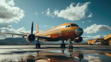 ai generado un grande pasajero avión en un aeropuerto pista foto