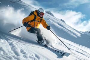 ai generado un atleta esquiador hace un descendencia en un Nevado montaña. esquiar foto
