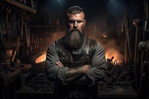 AI generated Portrait of a brutal man-a professional blacksmith in his own forge photo