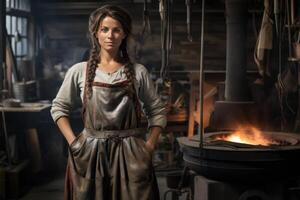 AI generated Portrait of a professional blacksmith girl in her blacksmith shop photo