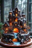 AI generated A designer large handmade chocolate cake castle stands on the table photo