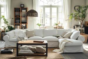ai generado moderno abierto espacio interior con diseñador modular sofá, muebles, vivo habitación foto