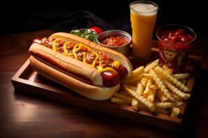 AI generated Cooked juicy hot dog and French fries are on the table on a dark background photo