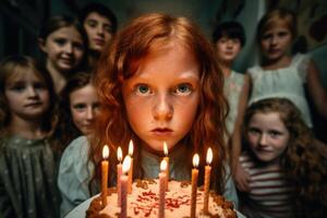 ai generado un pelirrojo joven niña será soplar fuera el velas en el cumpleaños pastel foto