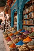 ai generado un vistoso y característica bazar de fragante especias Marruecos, marrakech foto