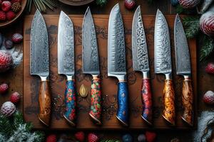 AI generated Top view of Damascus steel kitchen Knives on a wooden board photo