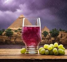 ai generado uvas y vino en frente de el pirámides de giza foto