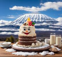 AI generated Birthday cake mascot character with volcano mount fuji in the background. photo