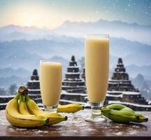 AI generated Banana milkshake and fresh bananas on wooden table and mountain background photo