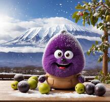 AI generated funny plum mascot character with smiley face in basket with plums and mountain background photo