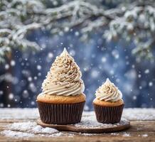 AI generated Cupcakes with whipped cream on wooden table in snowfall. photo