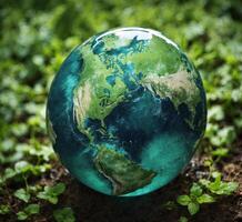 AI generated Globe earth on green grass background. Global warming concept. Save the planet. photo