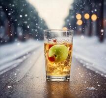 AI generated Glass of apple juice with ice on the road in winter forest. photo