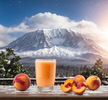 AI generated Glass of peach juice and peaches on the background of Mount Fuji photo