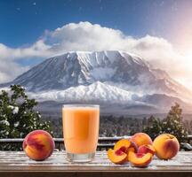 ai generado vaso de melocotón jugo y duraznos en el antecedentes de montar fuji foto