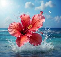 AI generated Pink hibiscus flower with water drops on blue sky background photo