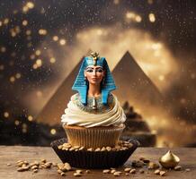 AI generated Cupcake with egyptian god pharaoh on dark background photo