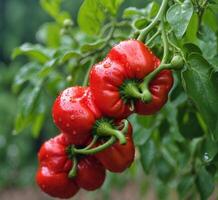 AI generated Red peppers growing on a branch in the garden. Shallow depth of field. photo