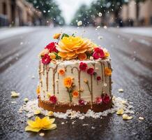 ai generado hermosa Boda pastel con flores y gotas de lluvia en el la carretera. foto