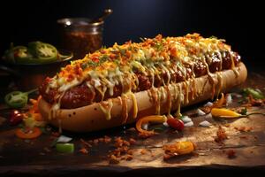 AI generated A cooked juicy Hot dog lies on the table on a dark background photo