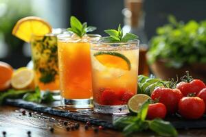 AI generated Summer colorful fruit and vegetable cocktail in glasses on the table. Berries and fruits are lying nearby photo