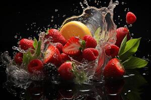 AI generated Fresh fruits fall into clear water on a black background photo