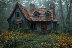 AI generated An old gloomy lost house in the woods in the wilderness photo