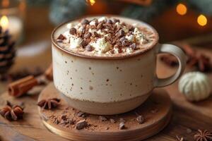 AI generated Delicious natural cocoa drink with chocolate in a mug on the table. A source of vitamins and energy photo