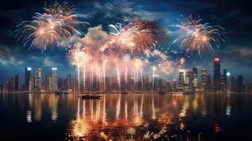 AI generated Beautiful night fireworks over the city. Festive fireworks over the night city photo