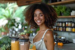 ai generado un africano mujer sostiene un vaso de verde zalamero en su manos en contra el antecedentes de el cocina foto