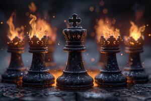 AI generated stylish black chess stands on a chessboard and a fire is burning around. Gloomy environment photo