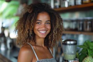 ai generado un africano mujer sostiene un vaso de verde zalamero en su manos en contra el antecedentes de el cocina foto