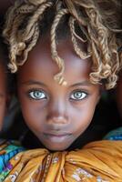 ai generado retrato de un africano niña en de cerca foto