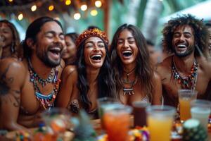 ai generado un grupo de amigos son sentado juntos a un festivo mesa fuera de y charlando bali foto