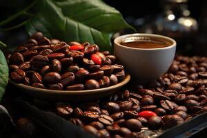 AI generated Roasted coffee beans close-up in dishes . Colombian coffee photo