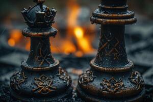 AI generated stylish black chess stands on a chessboard and a fire is burning around. Gloomy environment photo