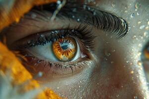 AI generated Macro photography of a girl 's brown eyes . Eyelashes and eyebrows photo