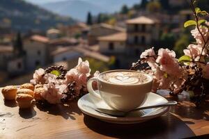 AI generated A morning cup of latte coffee stands on a table on the terrace against the background of nature photo