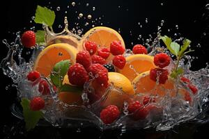 AI generated Raspberries and oranges fall into clear water on a black background photo