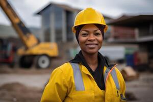 ai generado un mujer ingeniero, constructor o arquitecto en un casco en contra el antecedentes de un construcción sitio foto