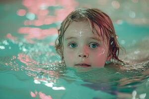 ai generado un bonito pequeño niña es nadando en el piscina foto