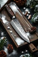 AI generated Knives made of Damascus steel on a wooden board photo