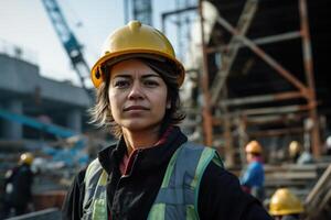 AI generated a woman engineer, builder or architect in a helmet against the background of a construction site photo