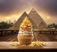 AI generated Cupcake with cheese and french fries on wooden table with Great Pyramid background photo