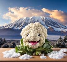 AI generated Cauliflower mascot with snow and Mt. Fuji in the background. photo